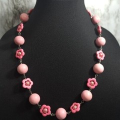 Vintage Handmade Women’s Necklace Pink Cotton Candy Natural Stones, Faux Pearls