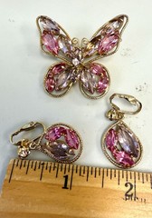 VTG Pink & Lavender Rhinestone Butterfly Brooch ,Clip-On Earrings Set,Gold Tone