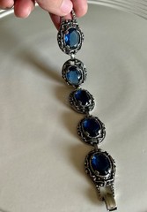 Vintage Silver Tone Blue Faceted Glass Bracelet Victorian Revival Gothic Style