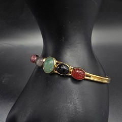 Colorful Gemstone Scarab Cuff Bracelet Gold Tone Egyptian Revival