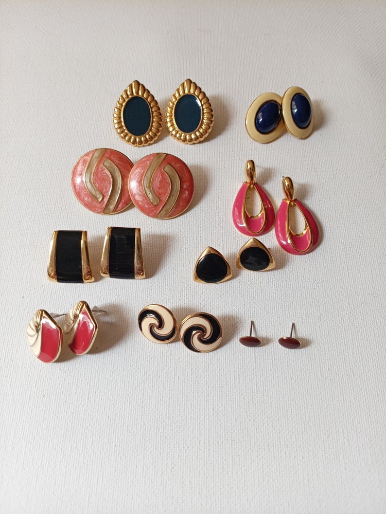 Vintage Gold Toone Pierced Enamel Earrings Bundle Lot