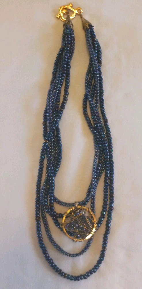 Torsade Indigo Blue Peacock Iridescent Glass Beads Necklace Wire Art Crafted
