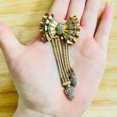 VTG CRC Charles Reis Bow Pin Brooch Rhinestone 12K Gold Filled Tassel Art Deco