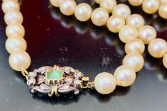 Antique 24″ Pearl Necklace, 18k Diamond Emerald Clasp, Spain Estate, 8 Diamonds