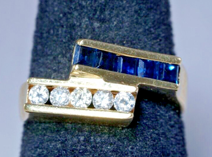 Modernist 14K Yellow Gold .60 Sapphire & NATURAL Diamond Ring Abstract Size 6
