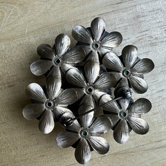 Vintage Flowers Brooch 2.4 Inch Green Crystal Multi Layered Antique Gold MCM