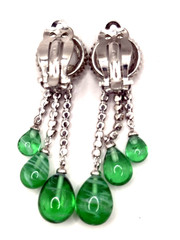 Vintage Signed Ciner Flawed Emerald Rhinestone Dangle Earrings One Dark Stone 2″