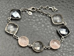 Vintage Sterling Silver 925 Faceted Gemstone Bracelet Rutilated and Rose Quartz