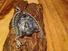 Spectacular Large Heavy Vintage .980 Silver & Handcarved Lapis Mayan Pendant ☆☆☆