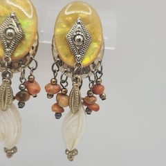 Vintage Boho Mother of Pearl Stone Beaded Dangle Clip On Earrings Yellow Tribal