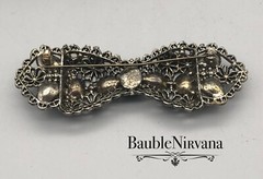 Vintage Silver Flowers Filigree Multi Color Jeweled Glass Stones Bow Pin Brooch