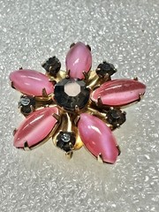Vintage Jems By JMS 12k GF pink & Cats Eye & Purple Rhinestone Flower Earrings