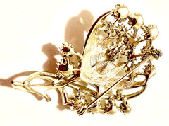 Signed Coro Green AB Rhinestone Floral Brooch 2 1/4″ Silver Tone Pin