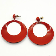 Large Metal Hoop Red Black White Enamel Hand Painted Pierced Vintage Earrings