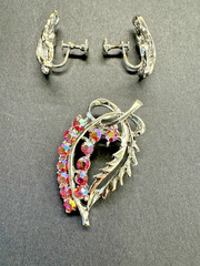 Vintage 1950’s Pink Aurora Borealis Rhinestone Brooch and Screwback Earrings Set