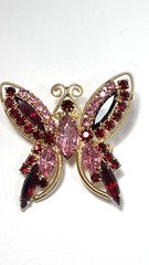 Vtg Juliana Style Butterfly Brooch Red Pink AB Rhinestone Gold Tone Pin RETRO