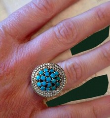 1.31ctw Rose Cut Diamond Turquoise Studded Silver Vintage Gorgeous Ring Jewelry
