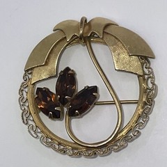 Vintage Signed Van Dell? Brown Marquee Rhinestone Bow Round Brooch Pin Pendant