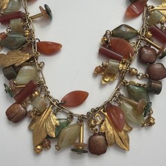 Vintage Fall Charm Necklace: Pearl Acorns, Art Glass Leaves, Autumn Jewelry