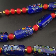Vintage Venetian Midnight Mosaic Trade Glass Bead Necklace 24in 6.2–20.1mm