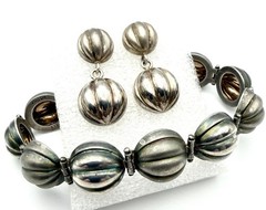 Vintage Italy 925 Sterling Silver Orb Bracelet Earrings Set Ribbed Modernist 30g