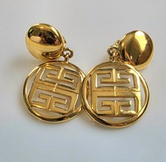 Vintage Givenchy 4G Logo Dangle Drop Clip On Earrings Gold Tone 1980s Signed