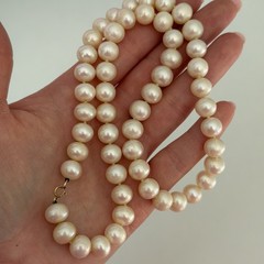 Vintage 9MM Big Genuine Real Pearl Hand Knotted 14K Yellow Gold Necklace 18″