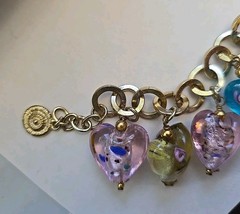 Graziano Art Glass Hearts Charm Bracelet Pink Green Blue 8-9″ Gold Plated