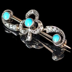 1800s Antique Victorian Turquoise Diamond 14K Gold Silver Topped Shamrock Brooch