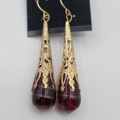 Vintage Red Glass Teardrop Earrings Gold Filigree Dangle Drop Victorian Style