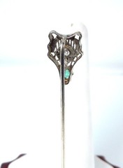 Antique 14K WG Edwardian Art Deco Diamond Emerald Stickpin Pin GAL Appraisal