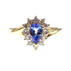 Classic 14k Solid Yellow Gold Natural Tanzanite and Diamond HALO Ring Size 7