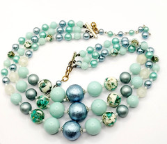 Aqua Teal Blues Multi Color Graduated Triple Strand Bead Vtg MCM Necklace Japan