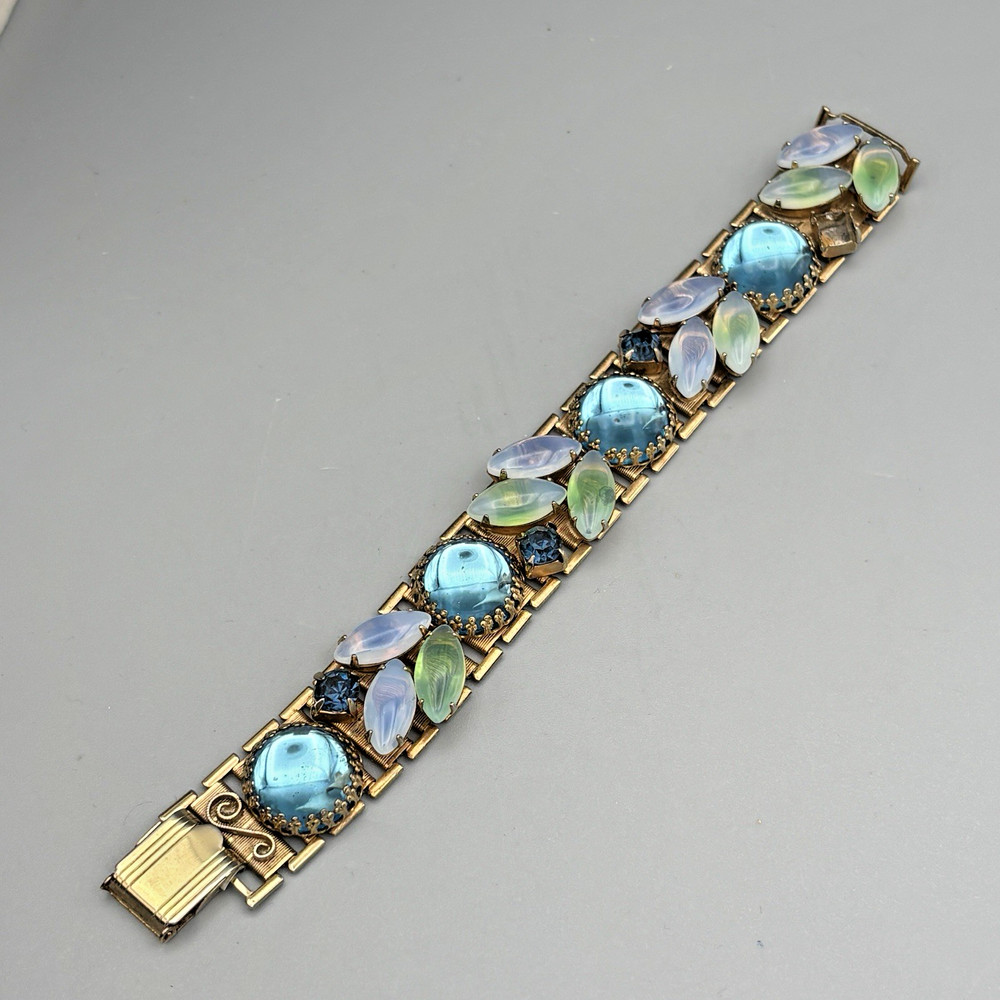Vintage Bracelet Opaline Navette Glass Cabochon Rhinestone Gold Tone 6.5″ READ