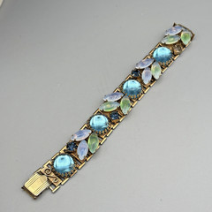 Vintage Bracelet Opaline Navette Glass Cabochon Rhinestone Gold Tone 6.5″ READ