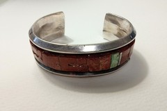 Vintage Sterling Silver Red Coral Turquoise Cuff Signed by D. Nightengale 1970s