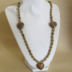 Rhodonite Heart Necklace with Gold Filled Beads 28 Inch 43.0g [3816]