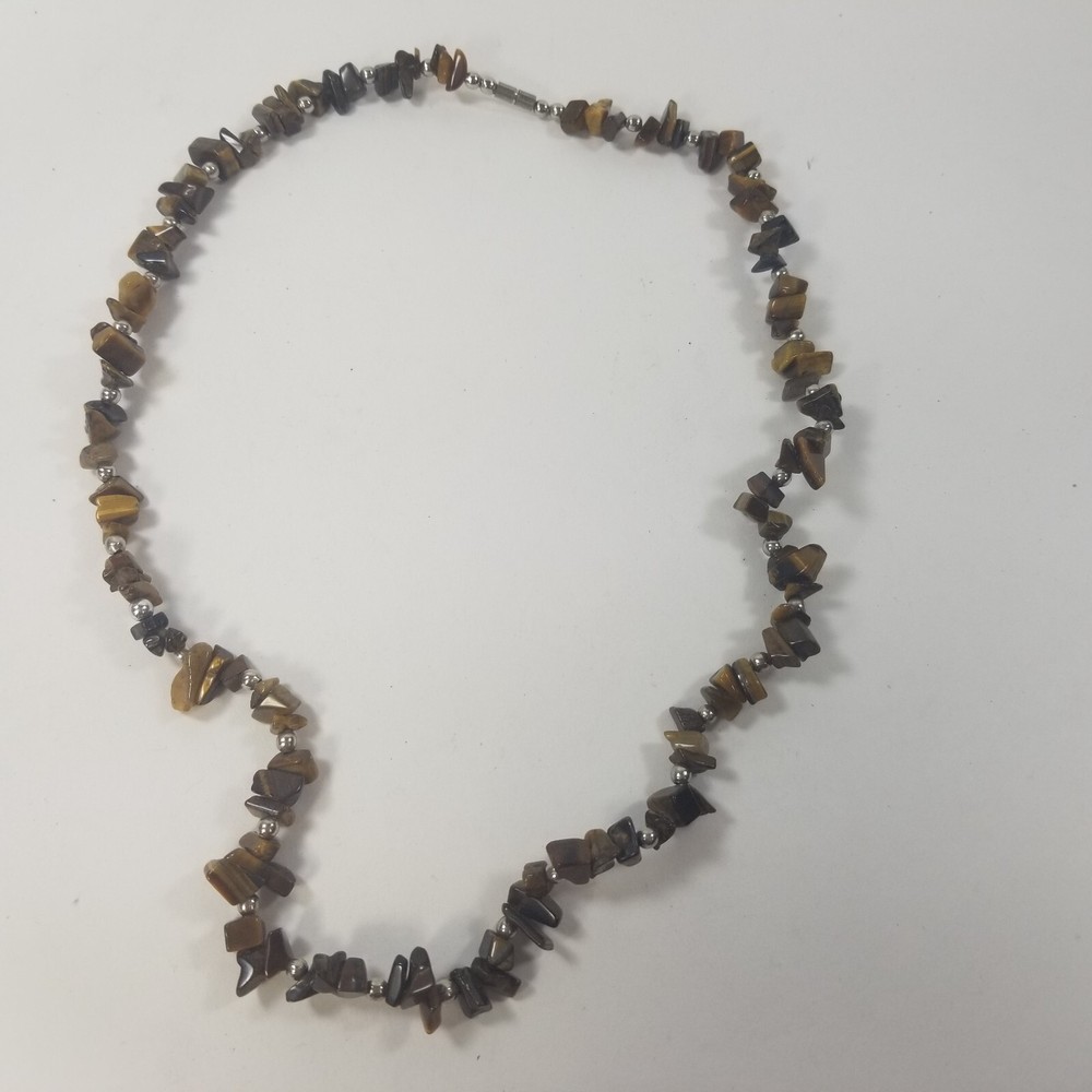 Beaded Necklace Vtg Brown Natural Stone Chips Silver Tone 19.5″