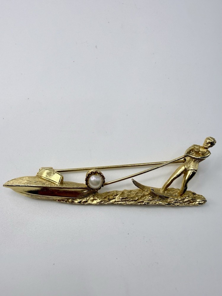 Vintage Brooch Gold Tone Water Ski Skier with Boat Faux Pearl Pin MCM