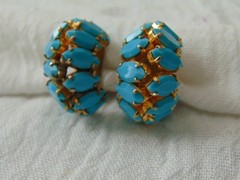 vintage double sided prong set Turquoise blue glass marquis cut stones clip ons