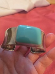 Vtg 70s Modernist Southwst .75″ Wide Sterling 925 Cuff Bracelet & Teal Acrylic?