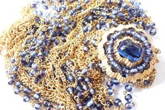 Vintage Signed Marvella Multi Strand Long Necklace Large Brooch Blue Glass Beads