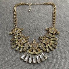 VTG Goldtone Faux Citrine Rhinestone Scoop Bib Necklace Chain Statement