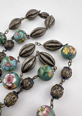 Old Chinese Export Silver Enamel Cloisonne Filigree Melon Bead Chain 26.5″-72.5g