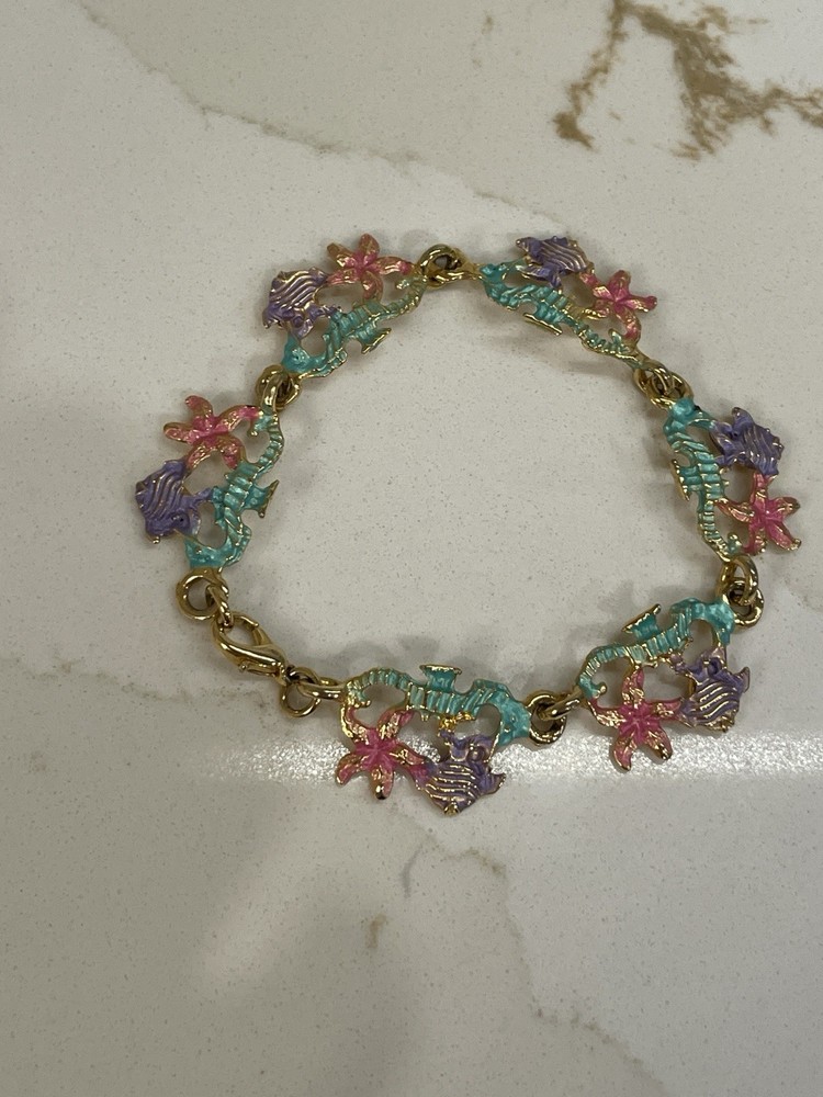 Vintage Enamel Tropical Bracelet Clasp Starfish Fish Seahorse Women USA Made