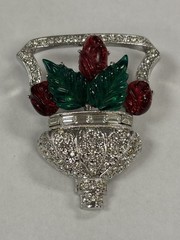 RARE Signed ART DECO 89 Floral Basket Brooch Pin Rhinestone Resin UNWORN HTF