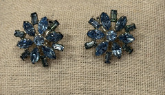 B. DAVID ART DECO VINTAGE CRYSTAL BLUE RHINESTONES FLORAL CLIP ON .75″ EARRINGS