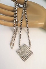 Vintage Long Rhinestone Pendant Necklace 33.5″ Silver Tone Prong Set Glamorous
