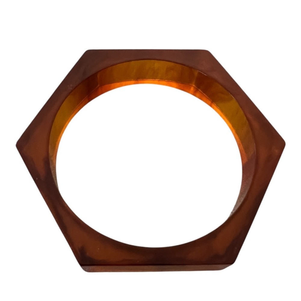 Vintage Hexagon Bakelite Bangle, Geometric Marbled Brown Bracelet, 0.5″ Wide