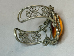 Vintage Baltic Amber Filigree Cuff Bracelet Soviet Era Sterling Silver Plated
